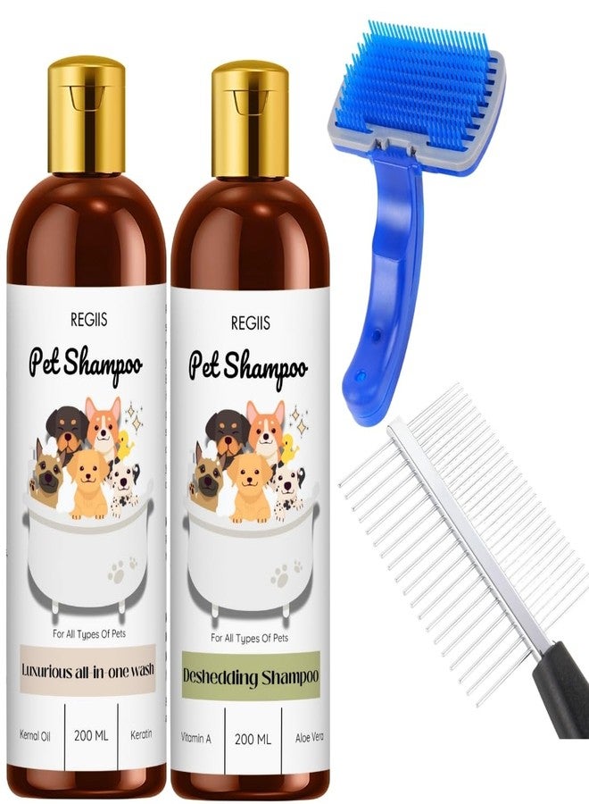 Regiis Pet Shampoo Set with Grooming Brush, All-in-One Wash and Deshedding Formula, 200ml Bottles, for Dogs and Cats(Pack of 4) - Image 1